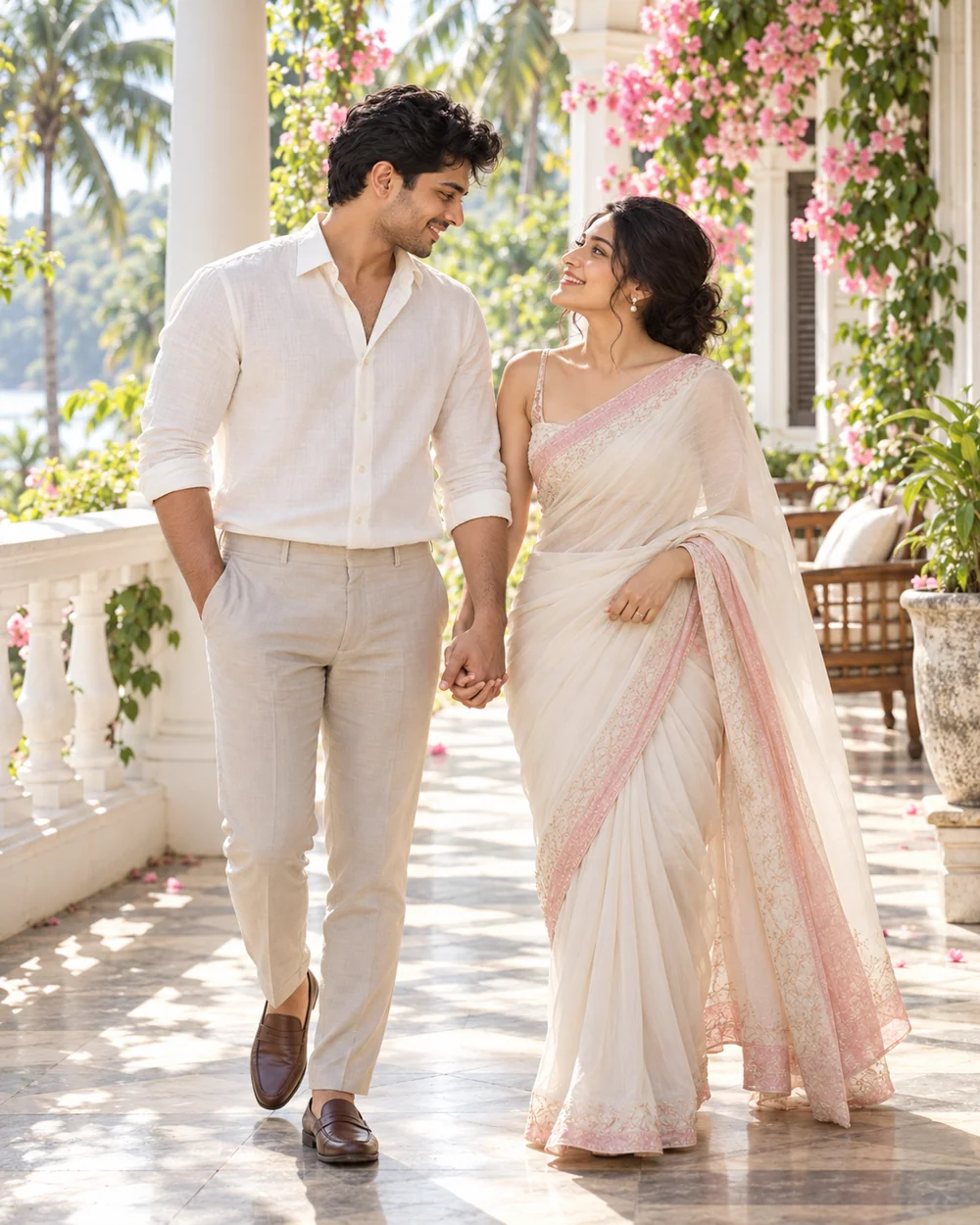 A couple walking together on a floral veranda